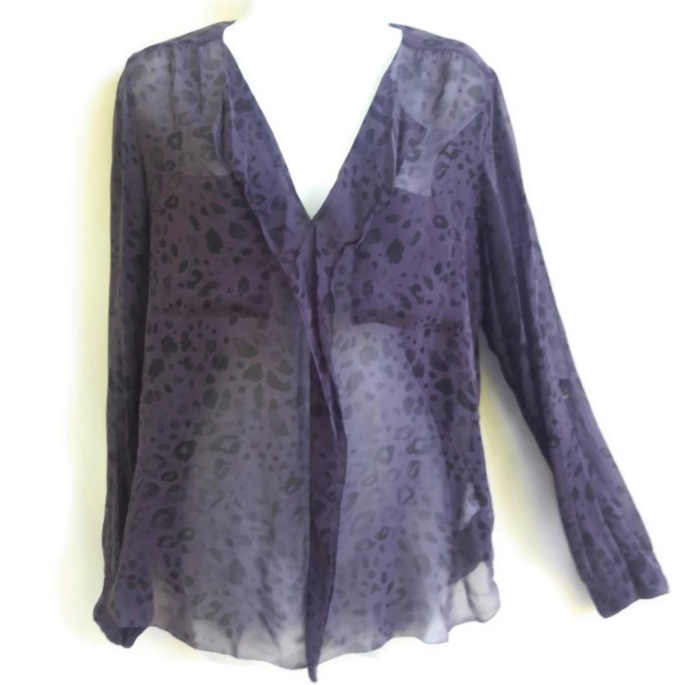 SiLK T Babaton Blouse Sheer Button Animal Cheetah Purple Chest Pocket Long Sleev